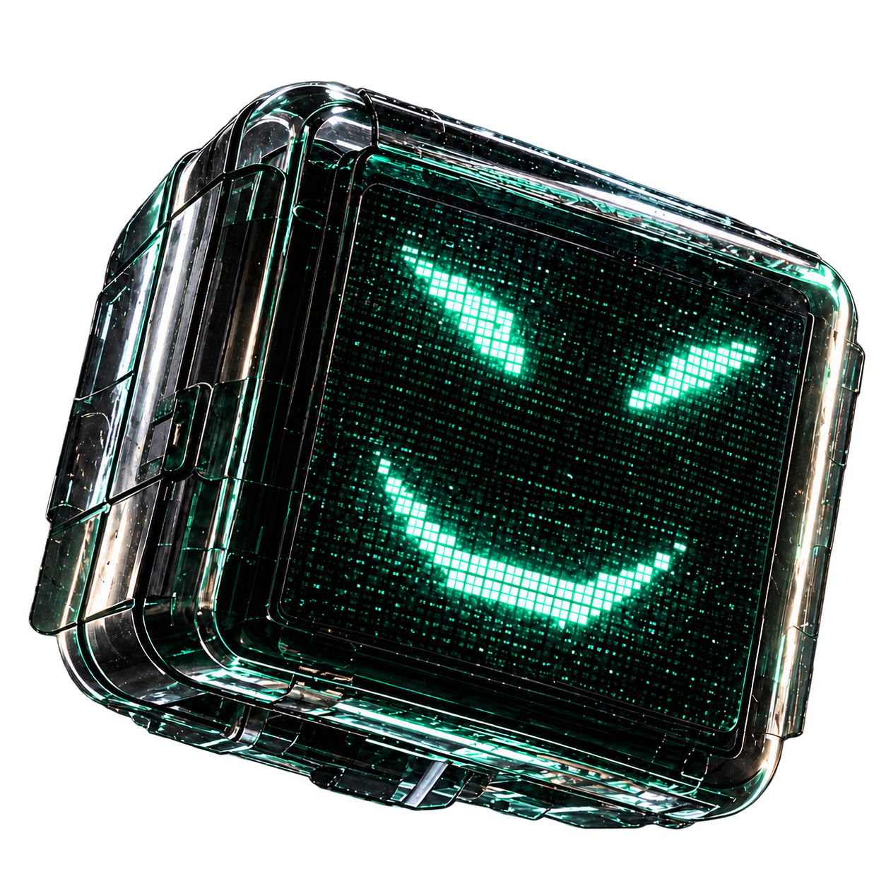 Glitch, a black glass character with mint LED eyes and smile